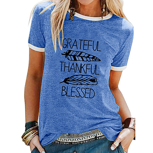 

Women's T shirt Letter Patchwork Print Round Neck Tops Basic Basic Top White Blue Purple