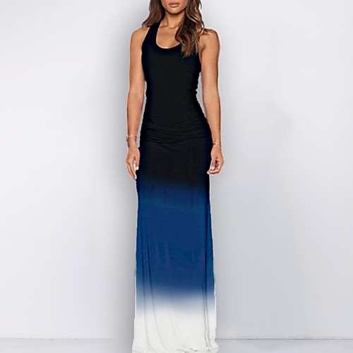 

Women's Sheath Dress Maxi long Dress Blue Sleeveless Color Block U Neck Hot Slim S M L XL XXL 3XL 4XL 5XL 6XL
