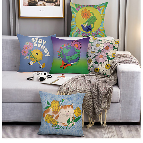 

5 pcs Linen Pillow Cover, Cartoon Square Zipper Polyester Traditional Classic