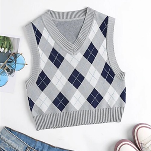 

Women's Stylish Check Pattern Knitted Check Vest Sleeveless Sweater Cardigans V Neck Summer Gray