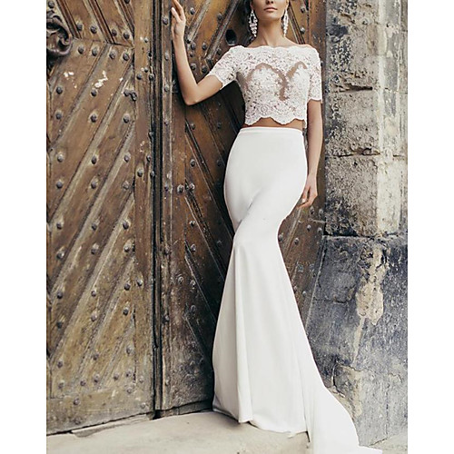 

Two Piece Mermaid / Trumpet Wedding Dresses Off Shoulder Sweep / Brush Train Stretch Fabric Short Sleeve Country Romantic Sexy with Pleats Appliques 2021