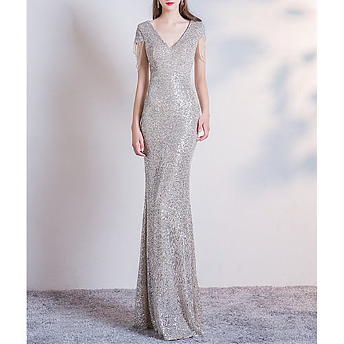 

Mermaid / Trumpet V Neck Floor Length Sequined Bridesmaid Dress with Sequin / Draping