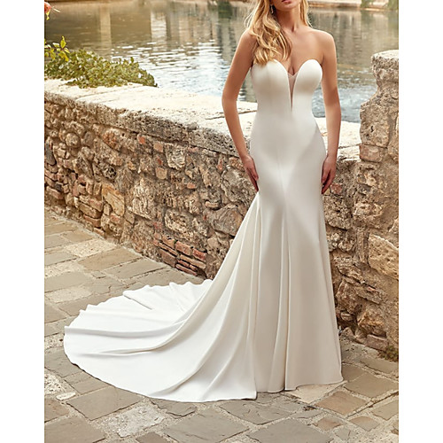 

Sheath / Column Wedding Dresses Strapless Court Train Italy Satin Sleeveless Country Simple with 2021
