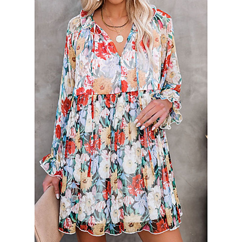 

Women's A Line Dress Short Mini Dress Rainbow Long Sleeve Floral Smocked Ruched Patchwork Fall Summer V Neck Elegant Casual 2021 XS S M L / Print
