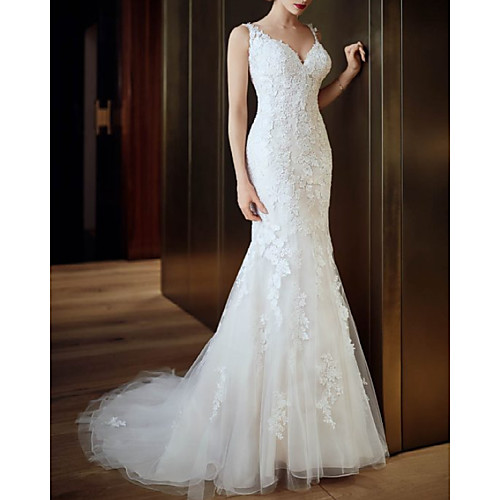 

Mermaid / Trumpet Wedding Dresses V Neck Sweep / Brush Train Lace Tulle Sleeveless Country Romantic with Appliques 2021