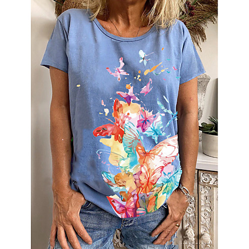 

Women's T shirt Butterfly Print Round Neck Tops Cotton Basic Basic Top White Blue Green