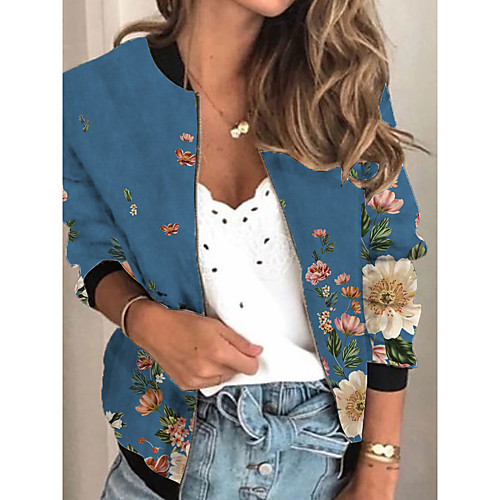 

Women's Jacket Daily Spring & Fall Regular Coat Regular Fit Active Streetwear Jacket Long Sleeve Plants Print Blue / Holiday