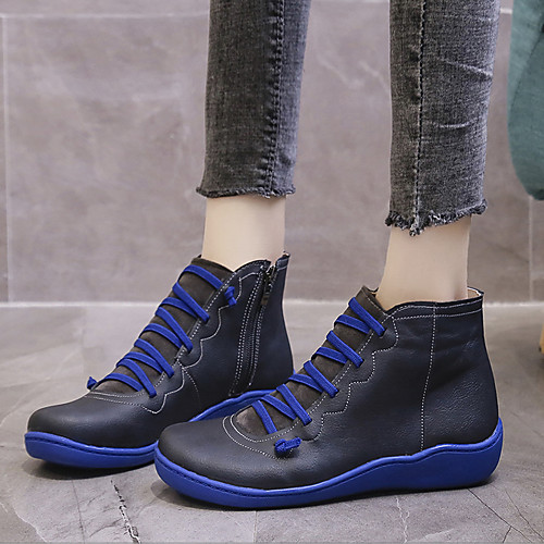 

Unisex Boots Wedge Heel Round Toe Booties Ankle Boots PU Lace-up Blue Gray Burgundy