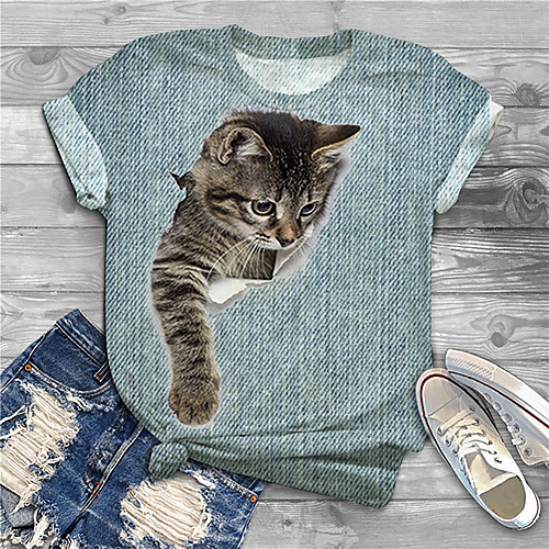 

Women's Plus Size Tops T shirt Cat Graphic Animal Print Short Sleeve Crewneck Basic Blue LightBlue Big Size XL XXL 3XL 4XL 5XL / Holiday