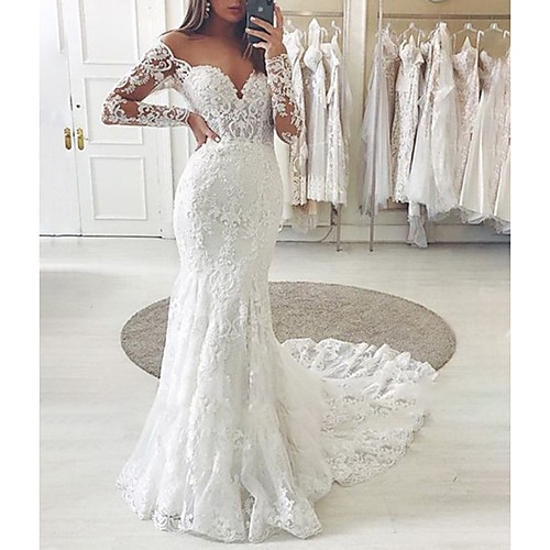

Mermaid / Trumpet Wedding Dresses Jewel Neck Court Train Lace Tulle Long Sleeve Country Romantic Luxurious with Appliques 2021