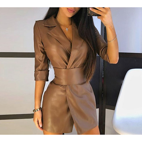 

Women's Shirt Dress Short Mini Dress Black Brown Long Sleeve Striped Solid Color Patchwork Print Fall Winter V Neck Casual Sexy Going out 2021 S M L