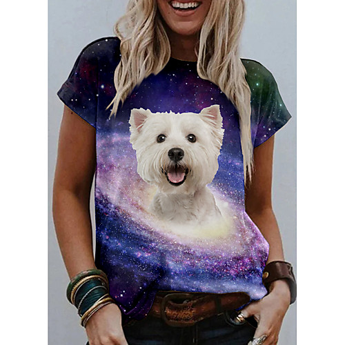 

Women's 3D Printed T shirt Dog 3D Animal Print Round Neck Basic Tops White Purple Brown