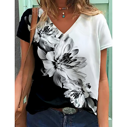 

Women's Floral Theme T shirt Floral Butterfly Color Block Print V Neck Basic Tops White Black