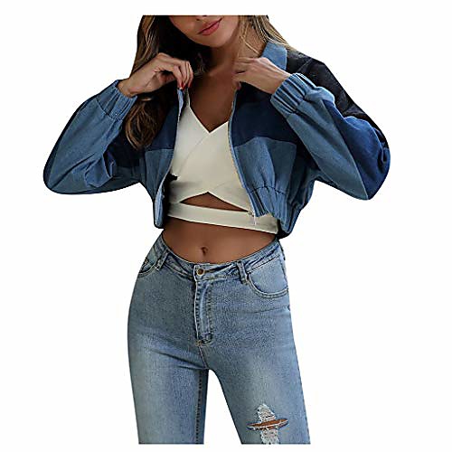 

alangbudu women tri-color patchwork denim jean cropped tops slim cowboy coat jacket zip cardigan long sleeve w pocket blue
