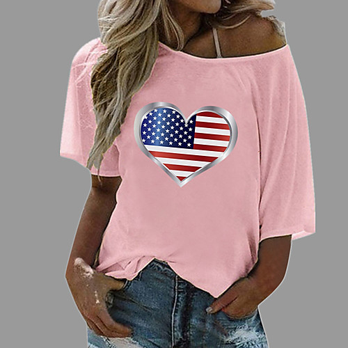 

Women's Going out T shirt Graphic Heart American Flag Print Round Neck Diagonal Neck Beach Tops White Blue Yellow