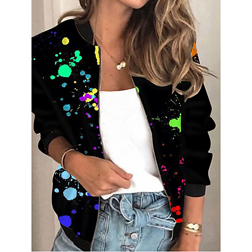 

Women's Jacket Daily Spring & Fall Regular Coat Regular Fit Active Streetwear Jacket Long Sleeve Print Print Blue Black / Holiday