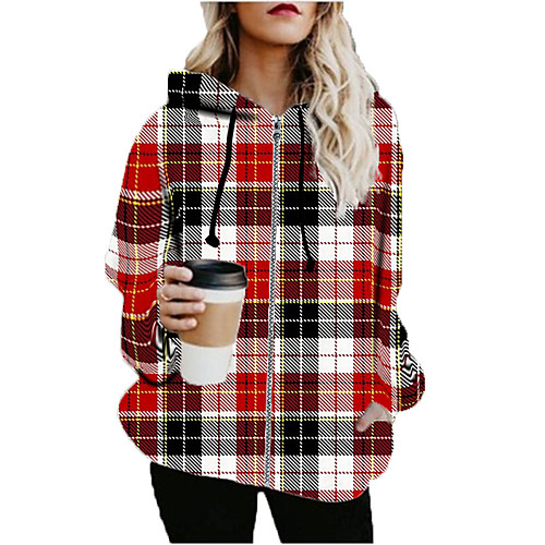 

Women's Hoodied Jacket Sports Fall & Winter Long Coat Loose Jacket Long Sleeve Plaid Print Red