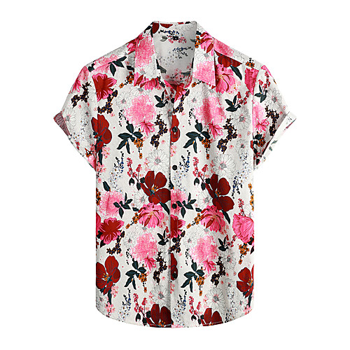 

Men's Shirt Floral Short Sleeve Daily Tops 100% Cotton Basic Boho Classic Collar Red / Beach