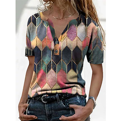 

Women's Geometric T shirt Color Block Geometic V Neck Tops Basic Basic Top Blue Purple Red