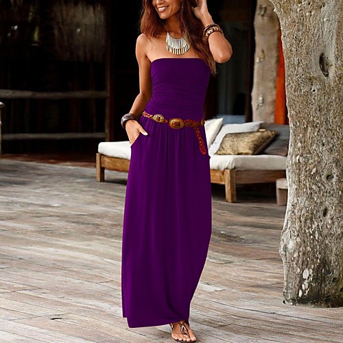 

Women's Sheath Dress Maxi long Dress Blue Purple Blushing Pink Wine Gray Green Black Red Light Green Navy Blue Sleeveless Print Solid Color Cold Shoulder Summer Strapless Chic & Modern Casual 2021 S