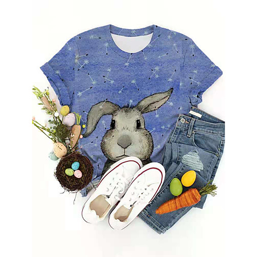 

Women's T shirt Graphic Animal Print Round Neck Tops Basic Basic Top Blue Yellow Blushing Pink