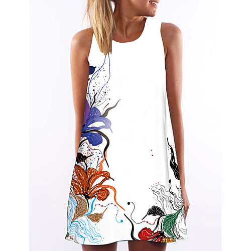 

Women's A Line Dress Short Mini Dress White Sleeveless Floral Summer Round Neck Elegant Floral S M L XL XXL / Chiffon