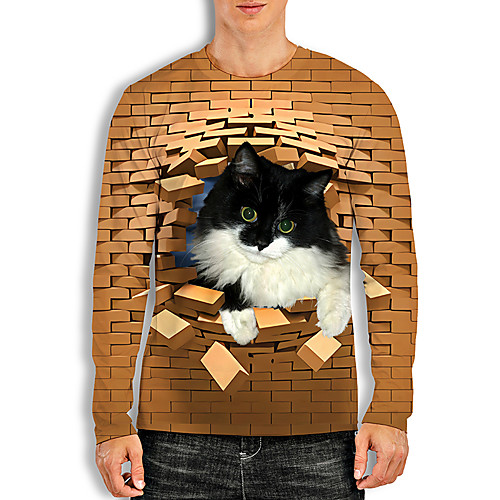 

Men's Tees T shirt 3D Print Cat Graphic Prints Animal Print Long Sleeve Daily Tops Basic Casual Khaki