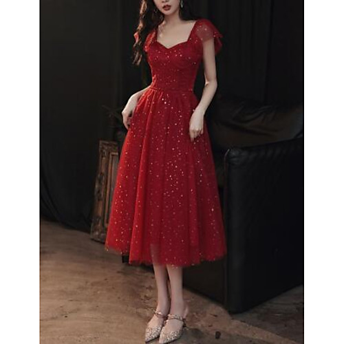

A-Line Minimalist Elegant Wedding Guest Cocktail Party Dress Scoop Neck Short Sleeve Tea Length Tulle with Pleats Sequin 2021
