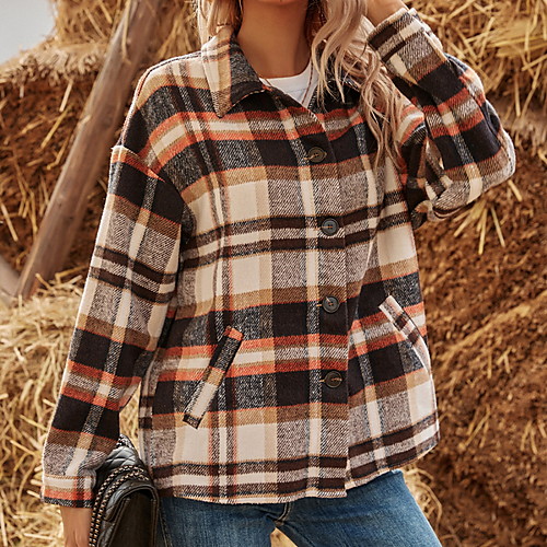 

Women's Jacket Daily Fall & Winter Regular Coat Shirt Collar Regular Fit Jacket Long Sleeve Print Rainbow