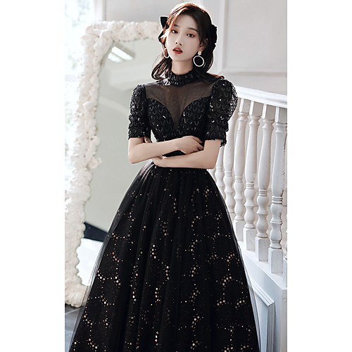 

A-Line Sparkle Vintage Prom Formal Evening Dress High Neck Short Sleeve Floor Length Tulle with Pleats Sequin 2021
