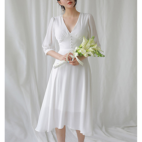 

A-Line Minimalist Elegant Wedding Guest Cocktail Party Dress V Neck Half Sleeve Tea Length Chiffon with Sleek Buttons 2021