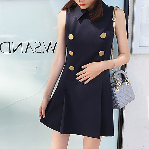 

A-Line Minimalist Elegant Party Wear Cocktail Party Dress Shirt Collar Sleeveless Short / Mini Satin with Buttons Pleats 2021