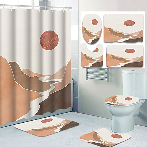 

Mountain Stream Comic Four-piece Bathroom Non-slip Bath Mat Toilet Cover Polyester Waterproof Shower Curtain