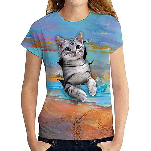 

Women's 3D Cat T shirt Cat Graphic 3D Print Round Neck Basic Tops Blue