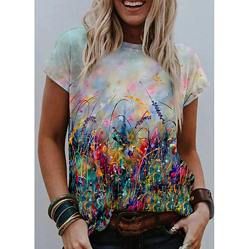 

Women's Going out Floral Theme Painting T shirt Floral Graphic Print Round Neck Basic Tops Purple Red Yellow