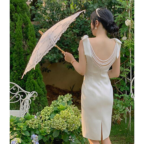 

Sheath / Column Beautiful Back Vintage Homecoming Cocktail Party Dress V Neck Sleeveless Knee Length Stretch Fabric with Bow(s) Pearls 2021
