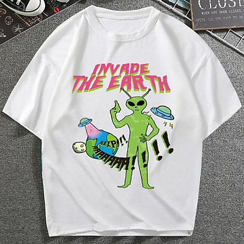 

Men's Unisex T shirt Hot Stamping Graphic Prints Alien Plus Size Print Short Sleeve Daily Tops 100% Cotton Fashion Vintage Classic White