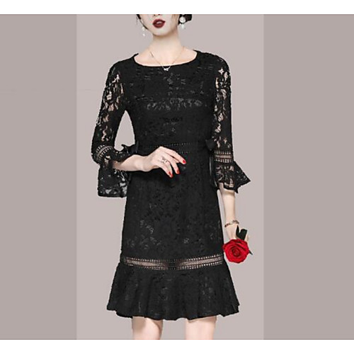 

Sheath / Column Elegant Vintage Homecoming Cocktail Party Dress Jewel Neck 3/4 Length Sleeve Short / Mini Lace with Bow(s) Ruffles 2021