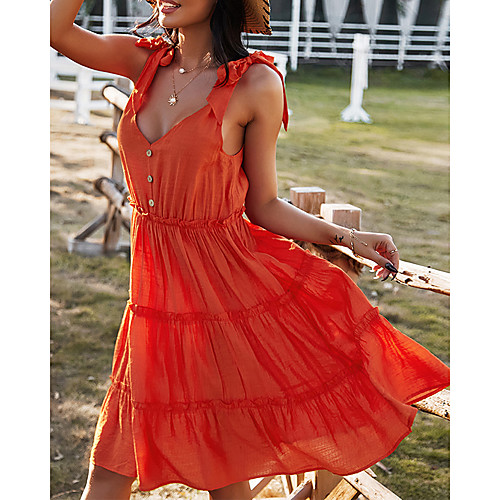 

Women's A Line Dress Knee Length Dress Yellow Wine Green Orange White Black Sleeveless Solid Color Spring Summer V Neck Casual 2021 S M L XL