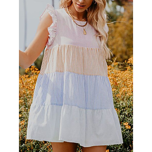 

Women's A Line Dress Short Mini Dress Blushing Pink Sleeveless Solid Color Color Block Smocked Patchwork Fall Summer Round Neck Elegant Casual 2021 XS S M L