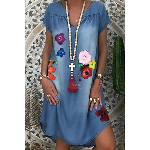 

Women's A Line Dress Maxi long Dress Blue Short Sleeve Print Color Block Patchwork Print Summer Round Neck Casual Loose 2021 S M L XL XXL 3XL