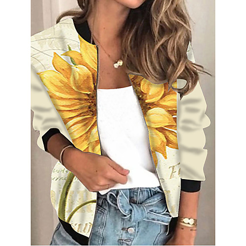 

Women's Jacket Daily Spring & Fall Regular Coat Regular Fit Active Streetwear Jacket Long Sleeve Plants Print Yellow Beige / Holiday