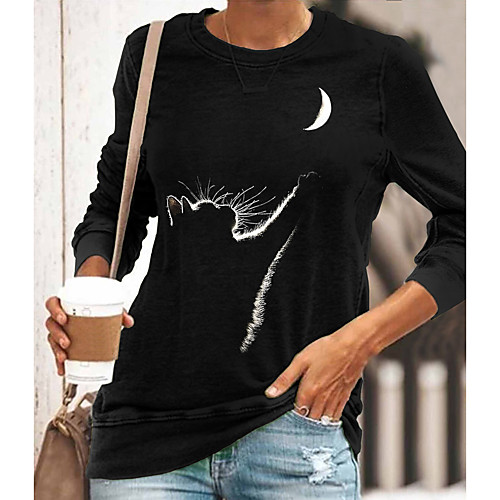 

Women's 3D Cat T shirt Cat Graphic Long Sleeve Print Round Neck Basic Tops Black Blue Gray