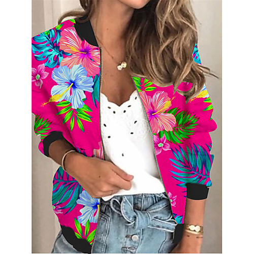 

Women's Jacket Daily Spring & Fall Regular Coat Regular Fit Active Streetwear Jacket Long Sleeve Plants Print Fuchsia / Holiday / Beach