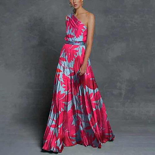 

Women's Sheath Dress Maxi long Dress Green Red Sleeveless Floral Print Tassel Fringe Print Spring Summer One Shoulder Casual Sexy Holiday Slim 2021 S M L XL XXL