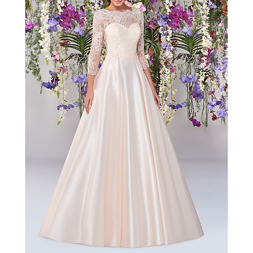 

A-Line Wedding Dresses Jewel Neck Floor Length Lace Satin Long Sleeve Country Romantic with Pleats 2021