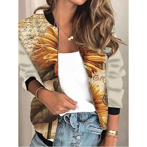 

Women's Jacket Daily Spring & Fall Regular Coat Regular Fit Active Streetwear Jacket Long Sleeve Plants Print Yellow Khaki / Holiday