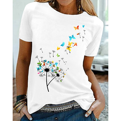 

Women's Going out Butterfly Dandelion T shirt Graphic Butterfly Dandelion Print Round Neck Basic Tops White