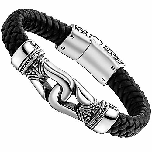 

Men's Bracelet – Ancient Pattern Design in a Polished Silver Finish and Black Leather Rope Chain – Made of Stainless Steel and Genuine Leather for Him
