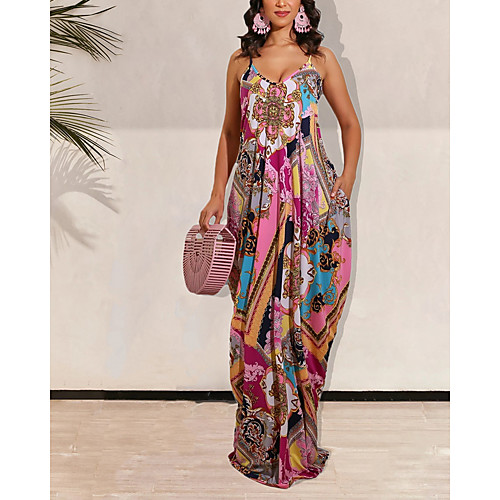 

Women's Strap Dress Maxi long Dress Pink Green Sleeveless Floral Print Summer V Neck Elegant 2021 S M L XL
